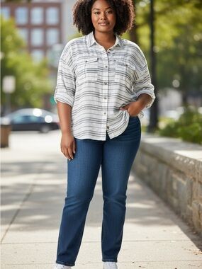 WEARABOUTS 100% cotton Gray Striped Button-Front Women's Shirt 3/4 Sleeve SZ 3X